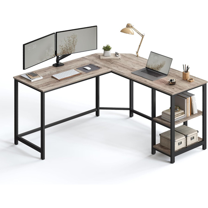 VASAGLE Desk, L-Shaped Computer Desk, 138 x 138 x 76 cm, Corner Desk with 2 Shelves, Space-Saving Office Desk, Gaming, Home Office, Easy Assembly, Greige-Black LWD72MB Greige + Black