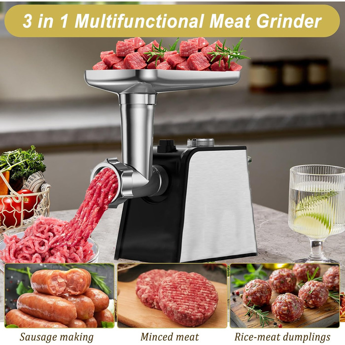 Електрична м'ясорубка з насадкою для ковбас, 3 в 1, нержавіюча сталь - професійна м'ясорубка та машина для ковбас з 3 насадками, 2 формами для фрикадельок, 2 лезами з нержавіючої сталі та 3 дисками для фаршу