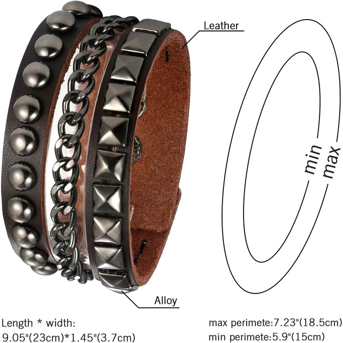 Чоловічий широкий шкіряний браслет JewelryWe в стилі панк-рок з заклепками, регульований, чорний/коричневий