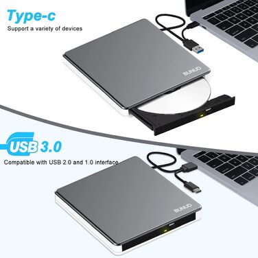 Зовнішній CD/DVD привід BUNUD USB 3.0 та Type-C, портативний DVD-брунер з картридером SD/TF та 2 USB-портами для ноутбука, PC, iMac, Windows та macOS, сіро-білий