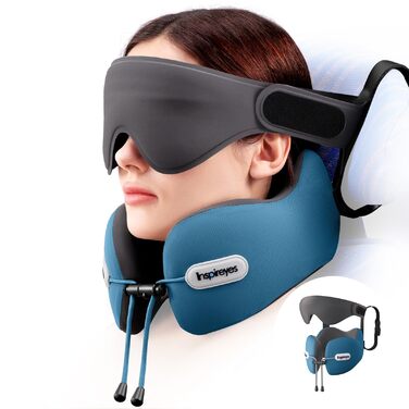 Подушка для шиї у літак з ременем безпеки та 3D маскою для сну, блакитна. Підтримка шиї та голови, високоякісний пінополіуретан, запобігає нахилу голови.