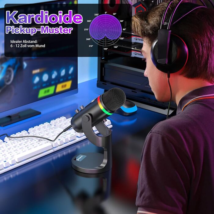 USB мікрофон Zealsound RGB для ПК, iPhone, стримінгу, YouTube, Discord, PS5, Mac. Підтримка USB-C та Lightning, шумозаглушення, Plug & Play