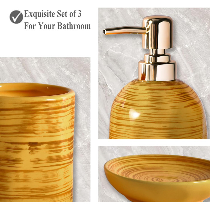 Набір для ванної кімнати на 3 частини, органайзер для ванної з кераміки - тримач для зубних щіток, дозатор мила, мильниця, стильна декор у стилі бохо, аксесуари для ванної кімнати (текстура мармуру, колір Drum-Yellow)