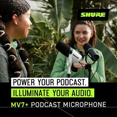 Мікрофон Shure MV7+ Gen 2 для подкастів, стрімінгу та запису – білий. USB/XLR, LED-сенсор, авто-регулювання рівня, цифровий поп-фільтр