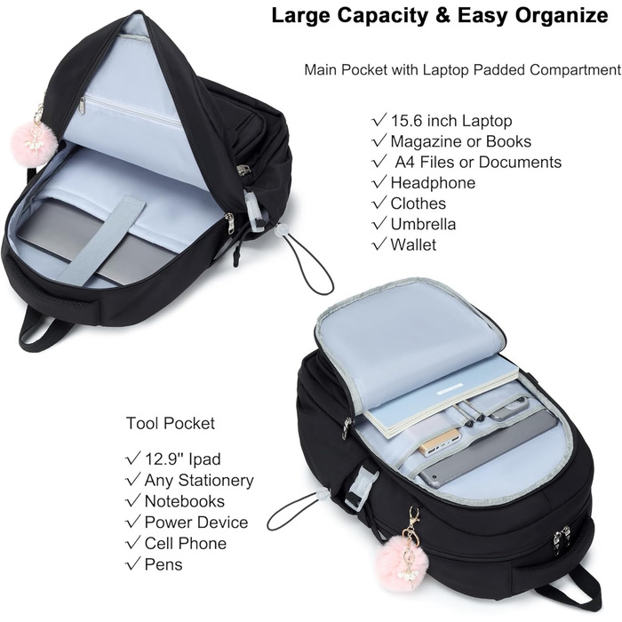 Шкільний рюкзак для підлітків, дівчаток, 3-в-1: рюкзак, ланчбокс, пенал (чорний)