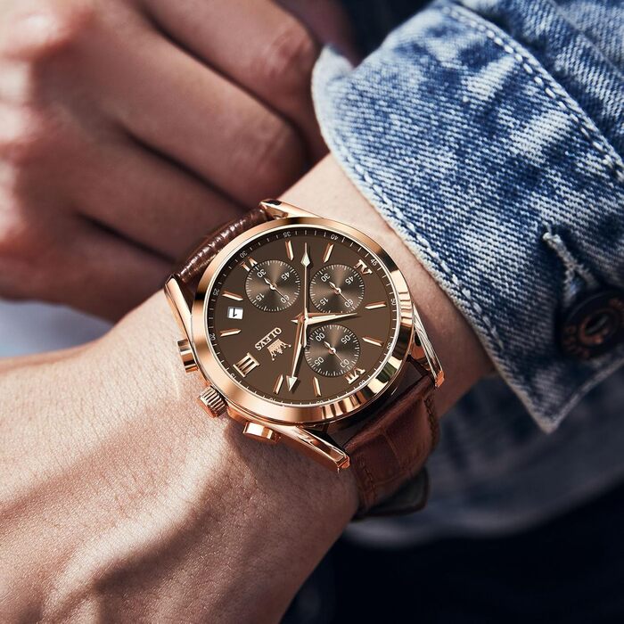 Чоловічий годинник OLEVS Vintage з шкіряним ремінцем, великий циферблат, водонепроникний, аналоговий годинник з датою, коричневий циферблат/коричневий ремінець