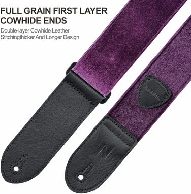 Гітарний ремінь Nefelibata з повного нубуку, вінтажний велюровий ремінь, безкоштовний бонус: 4 медіатори + фіксатори ременя + кнопка для ременя, подарунок для бас/електро/акустичної гітари (вишуканий фіолетовий)