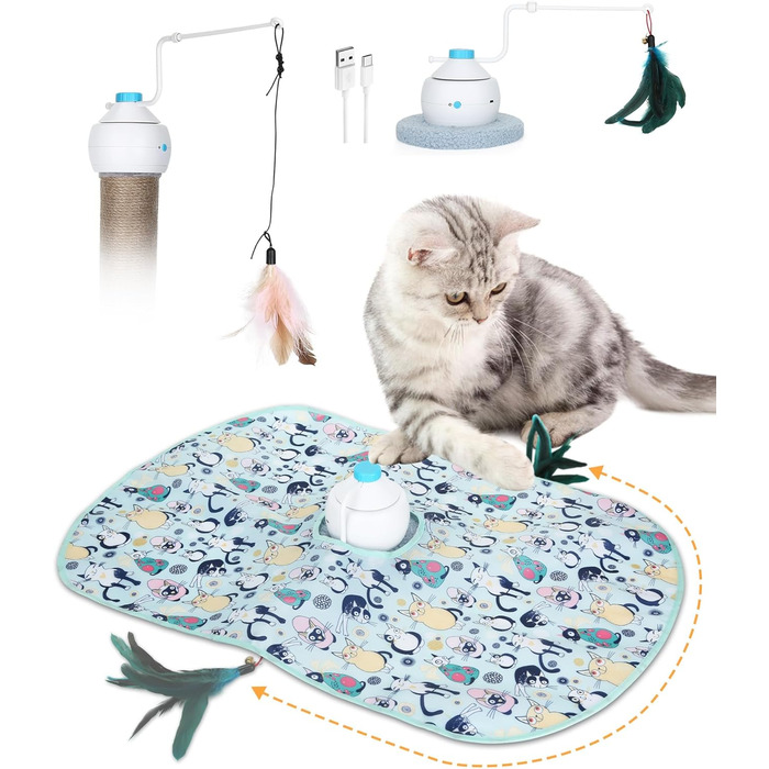 Cat Toy Self-Entertainment, 3 IN 1 Interactive Feather Toy for Cats with 360 Degree Automatic Rotating, USB Rechargeable Complete Set Cat Accessories Electric (Light Blue)