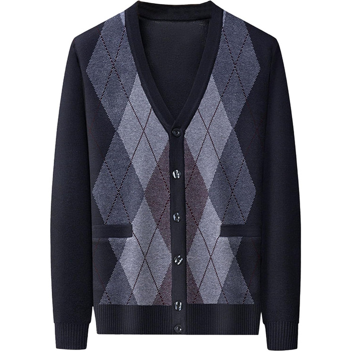 Кардиган чоловічий в аррані, з ґудзиками, в'язаний, з кишенями, темно-синій (M)