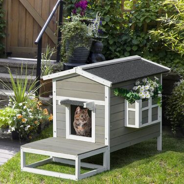 PawHut Будиночок для котів PawHut, котяча хатинка з терасою та балконом для котів та собак, сосна сірого та білого кольору, 115 x 66,5 x 74,7 см