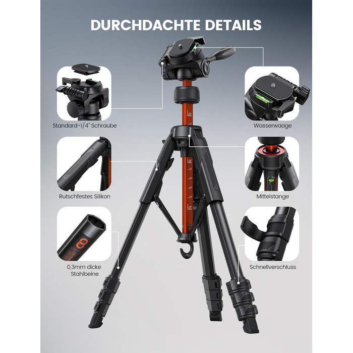 Штатив для камери та смартфона Lamicall Tripod: посилений трипод з швидким відкриттям, вантажопідйомність 8 кг, висота до 170 см, 4 рівні регулювання, помаранчевий