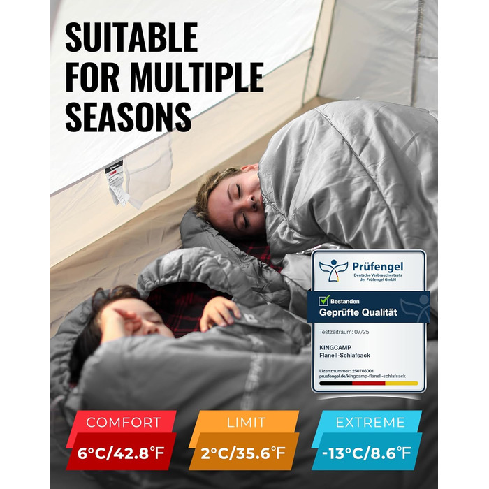 Сплячий мішок KingCamp XXL з бавовни фланелі для дорослих, великий, теплий, зимовий, для кемпінгу, подорожей та активного відпочинку на природі (4 сезони), 220x100 см (#Klassisch Grau)