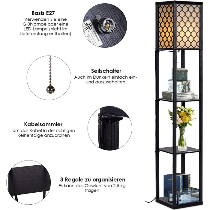 Стельова лампа RELAX4LIFE з 3 полицями, 26 x 26 x 160 см, чорна (Модель 2)