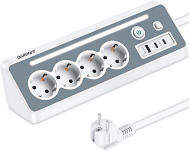 Мережевий фільтр з USB та 2 Type-C, 4 розетки, кутова розетка, мережева смуга з LED-підсвічуванням, захист від перенапруги 3680W 16A, 90° розгалужувач з вимикачем, кабель 1,5mm², білий для кухні/офісу