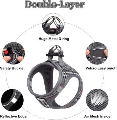 Шлейка для собак Suredoo, маленькі та середні породи, анти-тяга, світловідбиваюча, дихаюча, для цуценят (M, 34-39см; XL, 46-53см, 8-10.5кг), сіра в клітинку