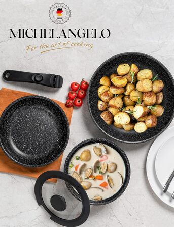 Набір сковорідок Michelangelo (20/24/28 см) з знімним ручками, індукційне дно, антипригарне покриття з мармуру, до 240°C, чорний (5-ти частинний)