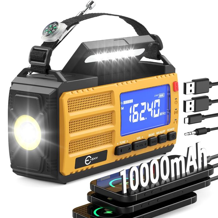 Радіоприймач Esky Kurbelradio з сонячною батареєю, 10000mAh, AM/FM, USB-зарядка, LED-ліхтарик, SOS-сигнал, компас, для кемпінгу та надзвичайних ситуацій, жовтий