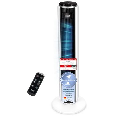 Турбовентилятор Levoit з тихим режимом сну, таймером 12 год, 4 режими, 5 швидкостей, авто-режим з датчиком, осциляція, пульт керування, білий, 92 см