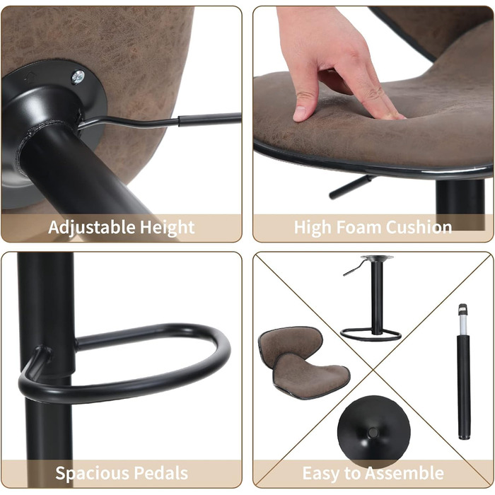 ALPHA HOME Adjustable Bar Stools 2-Pack with Backrest and Footrest - Swivel Gas Lift PU Leather Kitchen Barstools for Counter, Kitchen & Home, Brown