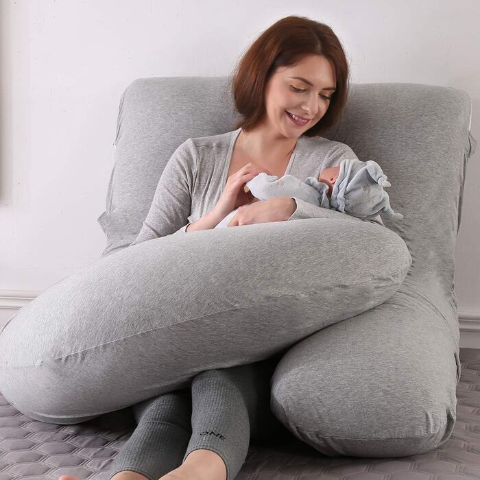 Mingfuxin Pregnancy Pillow, Large J-Shaped Full-Body Maternity Pillow with Removable Velvet Cover for Sleeping and Feeding (Knitted Cotton | Light Grey)