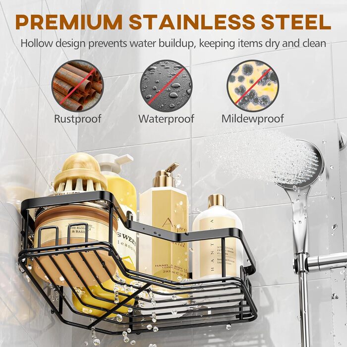 MAXIFFE Дзеркальна поличка для душу з 8 гачками, набір 3 шт, самоклеюча, чорна