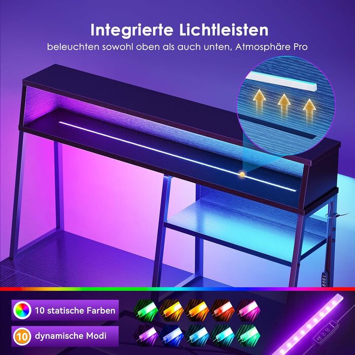 Ігровий стіл Coleshome L-подібної форми з LED підсвічуванням, 10 кольорів, 130x100 см, з полицями та кишенями для зберігання, для дому та геймерів, чорний