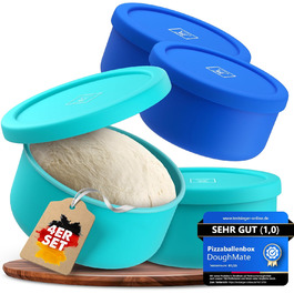 Pizza Ball Box with Lid, 4-Piece Set - Ideal as a pizza box, dough box, proofing box, for up to 350g of pizza dough, non-stick silicone, freezer and dishwasher safe, food-grade.