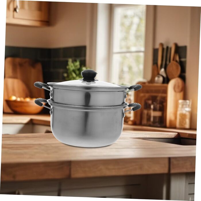 Нержавіюча каструля для приготування супу з товстим дном та вставкою для приготування на пару, сумісна з газовими та електричними плитами