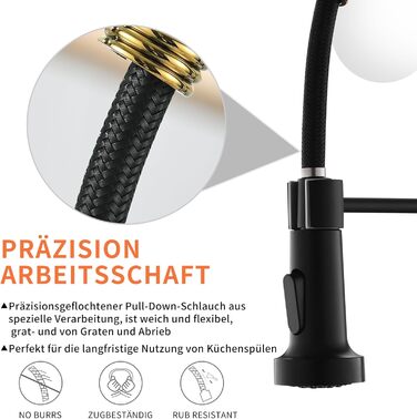 Змішувач кухонний AIMADI висувний, високого тиску, з 2 режимами (струмінь та туман), 360° обертання, одноlever, для кухонної мийки, чорний з золотом