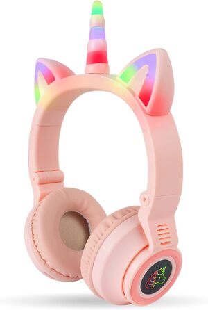 Дитячі навушники AXFEE з Bluetooth, котячі вушка, LED-підсвітка, Over-Ear, стерео, бездротові, з мікрофоном, Micro SD/TF, для телефону/планшета/ПК, рожеві