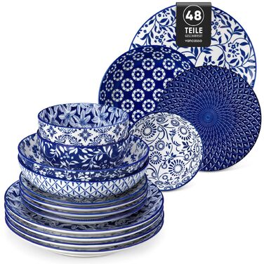 Набір мюслі-тарілок Vancasso Selene (6 шт.) 720 мл – керамічні тарілки з вінтажним дизайном, блакитно-білі, для мюслі, салату, супу, рамену, фруктів та десертів