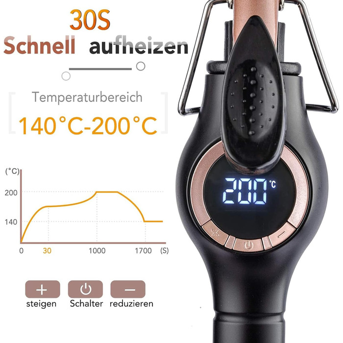 Професійний локон-стайлер 9 мм з LCD-дисплеєм, керамічний, 140-200°C, швидкий нагрів за 30 секунд, регулювання температури, з термозахисним рукавичем та зажимами для волосся (чорний)
