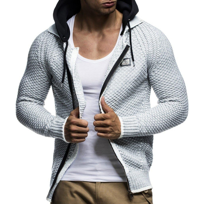 Чоловіча в'язана куртка Leif Nelson з відстібаною капюшоном та блискавкою - чоловічий кардиган з м'якого трикотажу для зими та літа XXL, бежево-сірий