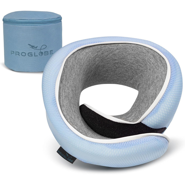 Подушка для шиї Proglobe, 100% Memory Foam, ортопедична, для подорожей (літак, авто, поїзд), з 3D-маскою для сну, сітчаста сумка (світло-блакитна)