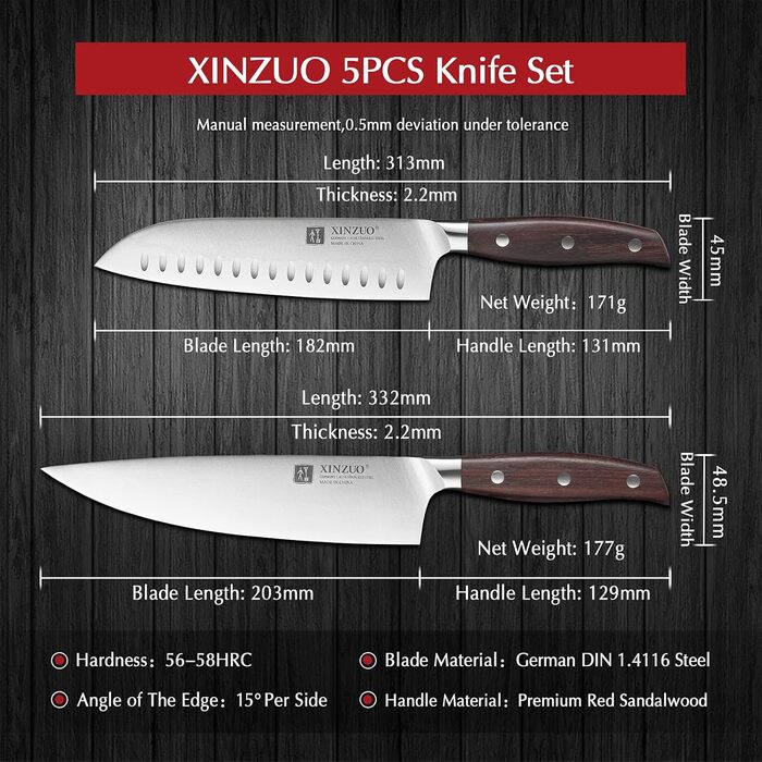 Набір кухонних ножів XINZUO Zhi Serie (5 шт.) з нержавіючої сталі 1.4116, професійний кухонний набір, сталеві леза, ручки з червоного сандалового дерева