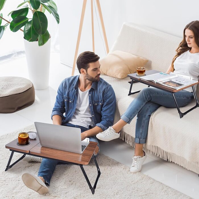 Регульовані дерев'яні столики під коліна для ліжка, письмовий стіл з інтегрованим тримачем для напоїв, горіх