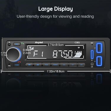 Автомагнітола Bluetooth 5.0 Avylet, 1 DIN, FM, 2 USB, AUX, MP3, 7 кольорів, підтримка карт пам'яті, гучний зв'язок