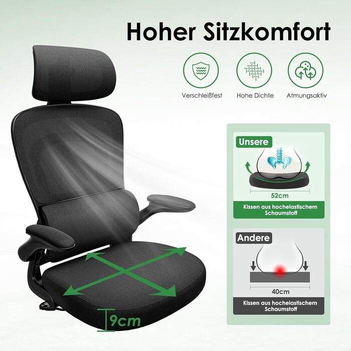 Ергономічне крісло для офісу Farini: регульована підголовник, з підлокітниками, для роботи та геймінгу, чорний колір