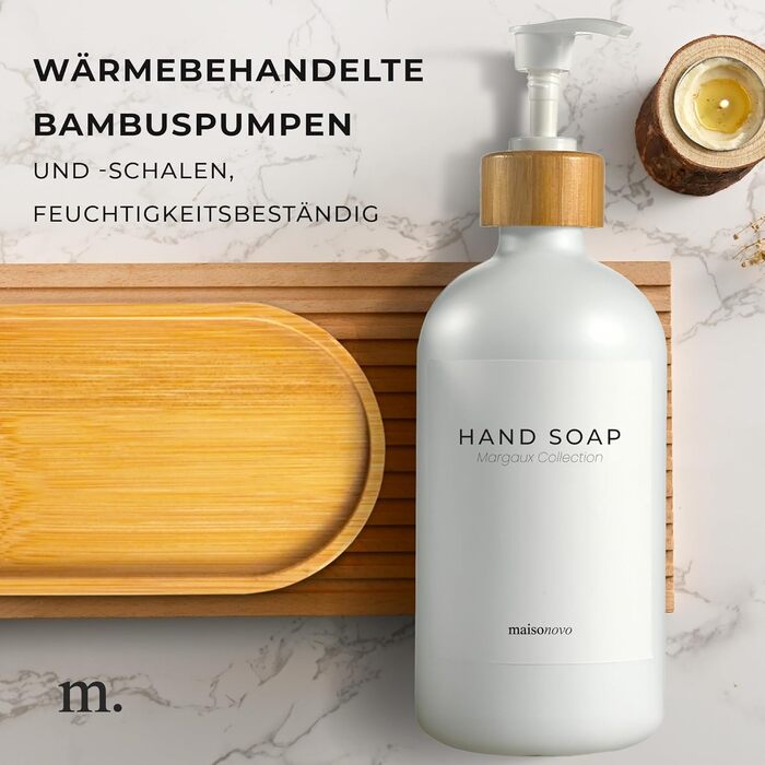 Набір дозаторів для мила та рідкого миючого засобу MaisoNovo | Скляні дозатори для ванної кімнати | 500 мл, білий колір, бамбукова помпа, 2 шт.
