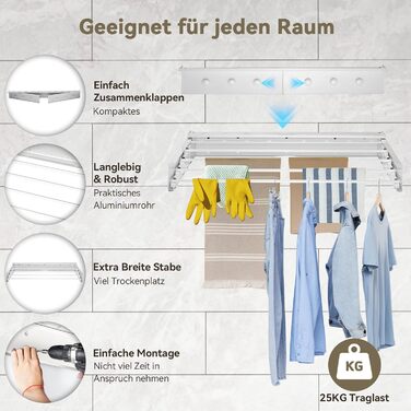 Настінна сушилка для білизни Donken, 80 см, розширювана, для ванної, балкону, тераси, біла