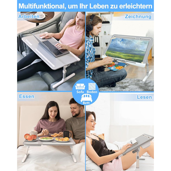 Столик для ноутбука Potuopy з регулюванням висоти та кута нахилу, великий (60*40 см), сірий