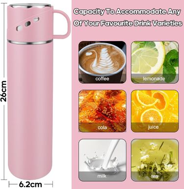 Термокружка-термос з нержавіючої сталі 550 мл, без витоку, з чашкою та ручкою, вакуумна термоізоляція 12 год гаряча / 12 год холодна, неслизька, для кави, спорту, роботи, школи, автомобіля (Рожева)