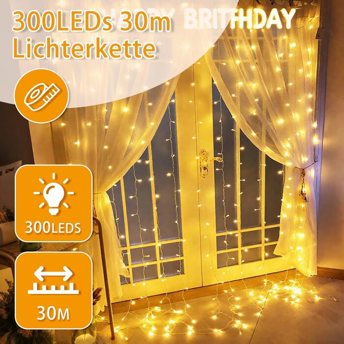 LED гірлянда 20м, 200 LED, тепле біле світло, 8 режимів, таймер, пульт, IP44, для декору, вечірки, саду, Різдва