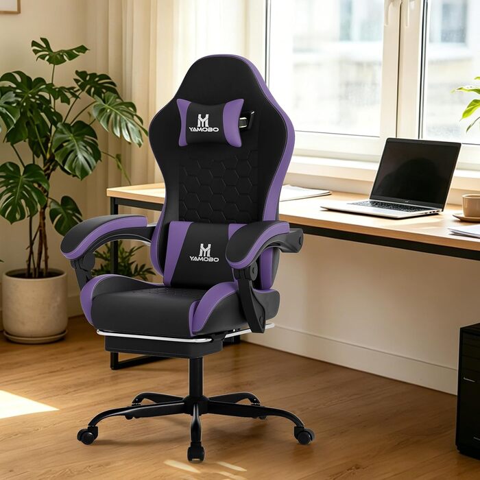 Ігрове крісло Racing Ergonomisch з підніжкою та масажним поперековим подушкою, навантаження до 150 кг, екошкіра, офісне крісло (Чорно-фіолетове)