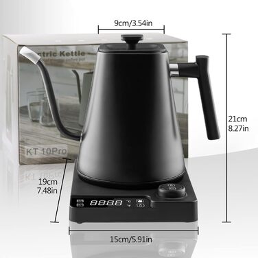Fityou Electric Gooseneck Kettle - Temperature Control, 1200W, 1L Capacity, Fast Boiling, LED Digital Display, Celsius/Fahrenheit Conversion, for Specialty Coffee & Tea, Matte Black