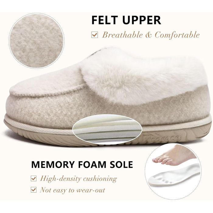 COFACE жіночі домашні тапочки з пом'якшувачем, закриті, зимові, теплі, пухнасті, з фетру, з підкладкою з хутра, нековзні, для дому, фетрові тапочки, розмір 39 EU, бежеві