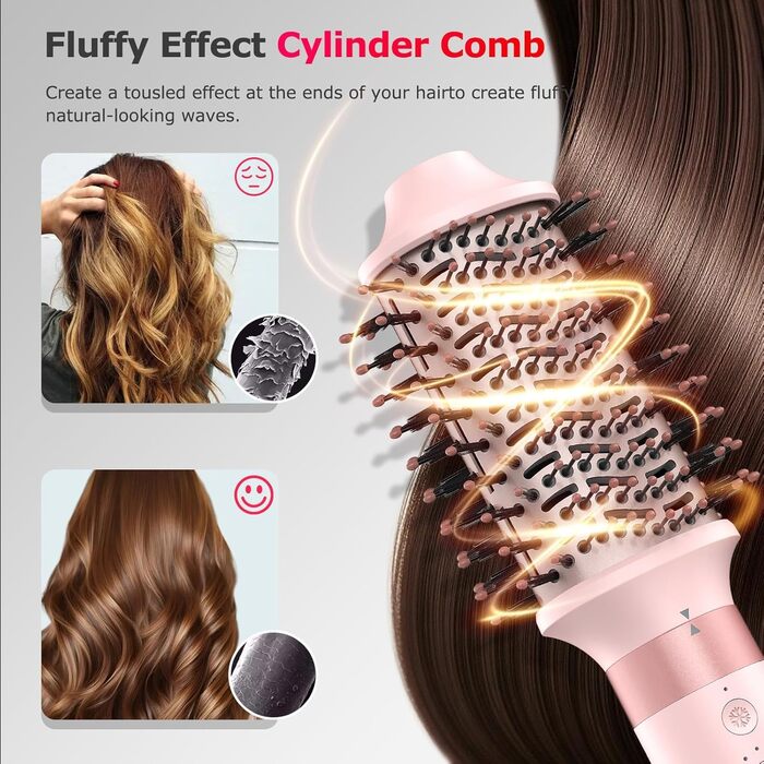 MESCOMB Airstyler 5-в-1: Іонний фен та мультистайлер для волосся з насадками. Швидке сушіння, локони, об'єм, випрямлення. Без пошкодження волосся. З дорожньою сумкою. Рожевий колір