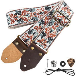 Гітарний ремінь з бавовни для акустичної гітари, 2 шт., вишиті ремені для бас-гітари, електрогітари та акустичної гітари, безкоштовна пряжка, замок для ременя та медіатор (Retro-gold-jacquard)