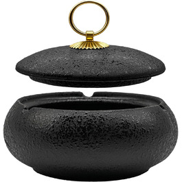 Керамічна попільничка для сигарет та цигарок з кришкою, ретро стиль, чорний колір, 10.8x6.5 см. Підходить для дому, офісу та вулиці