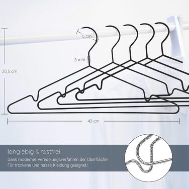 ROW&LINE® – Metal Clothes Hangers (42 cm) – 20 Pieces (Matte Black) – Space-Saving Clothes Hangers for Adults – Load-Bearing for Heavy Clothing – Hangers for Order & a Uniform Look